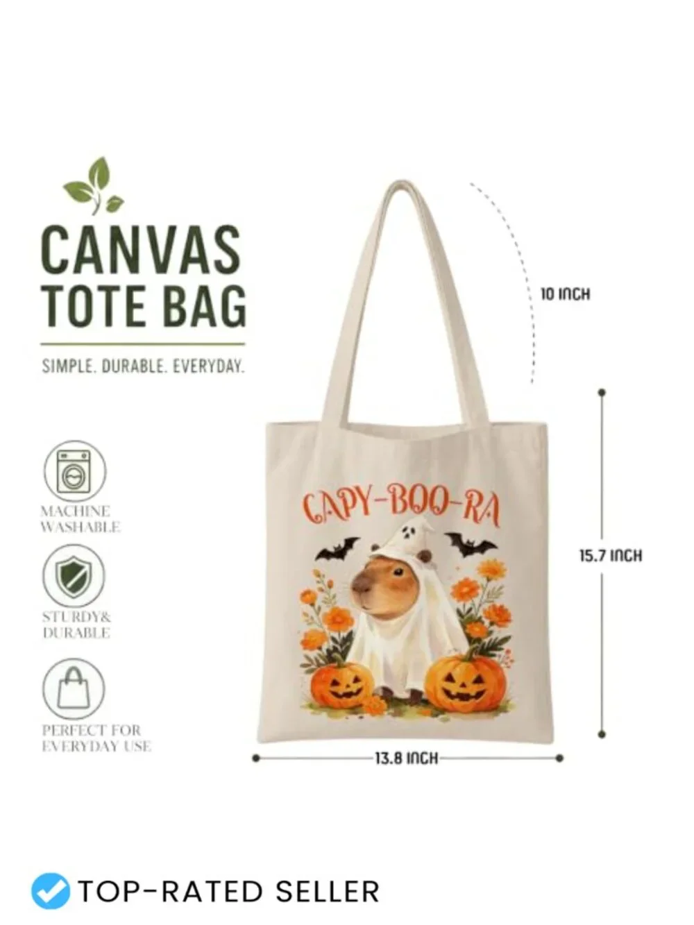 Canvas Tote Bag with Zipper Pocket Halloween Fall Pumpkin Design